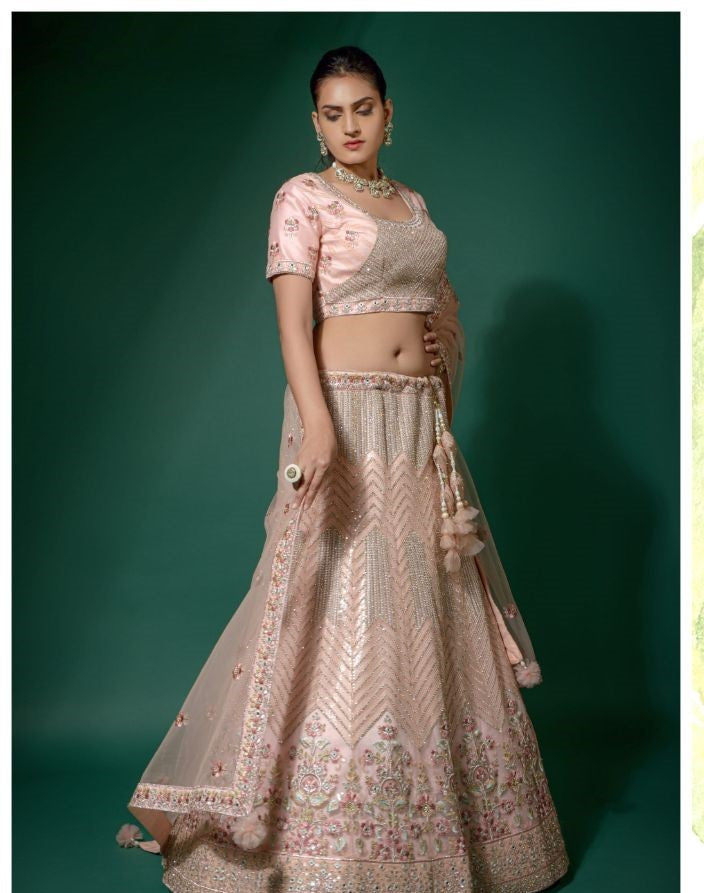 Pink Color Embellished Net Designer Lehenga - Rent