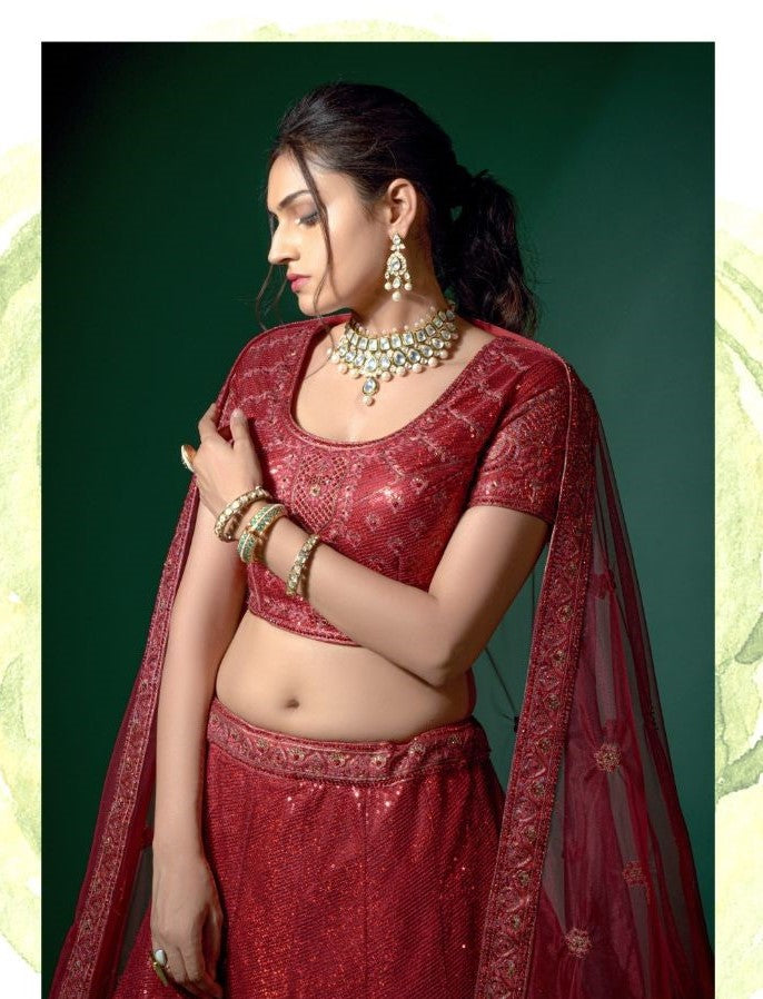 Parvati Red Color Heavy Embroidered Lehenga - Rent