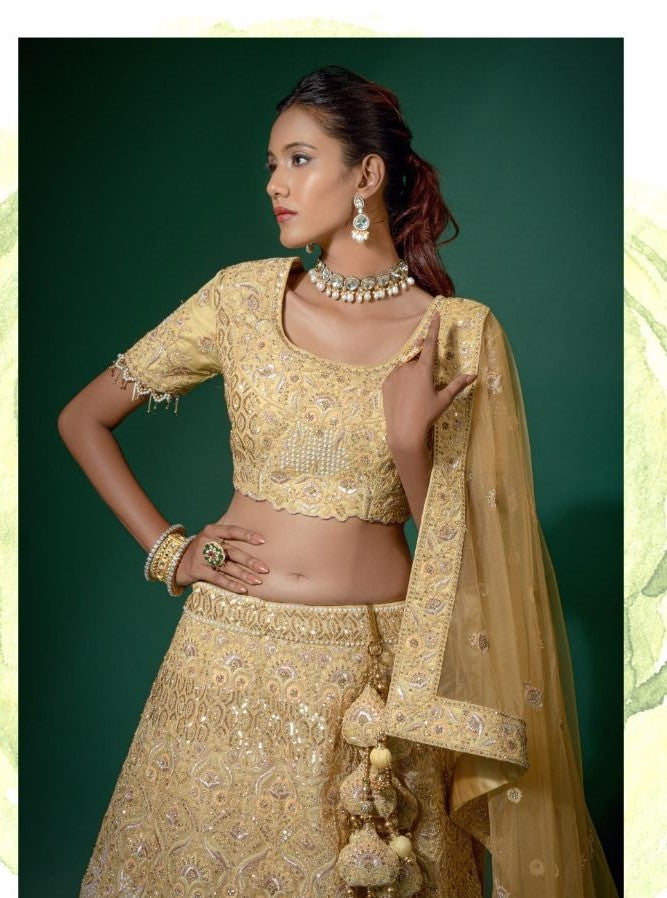 Designer Yellow Embroidered Net Lehenga - Rent