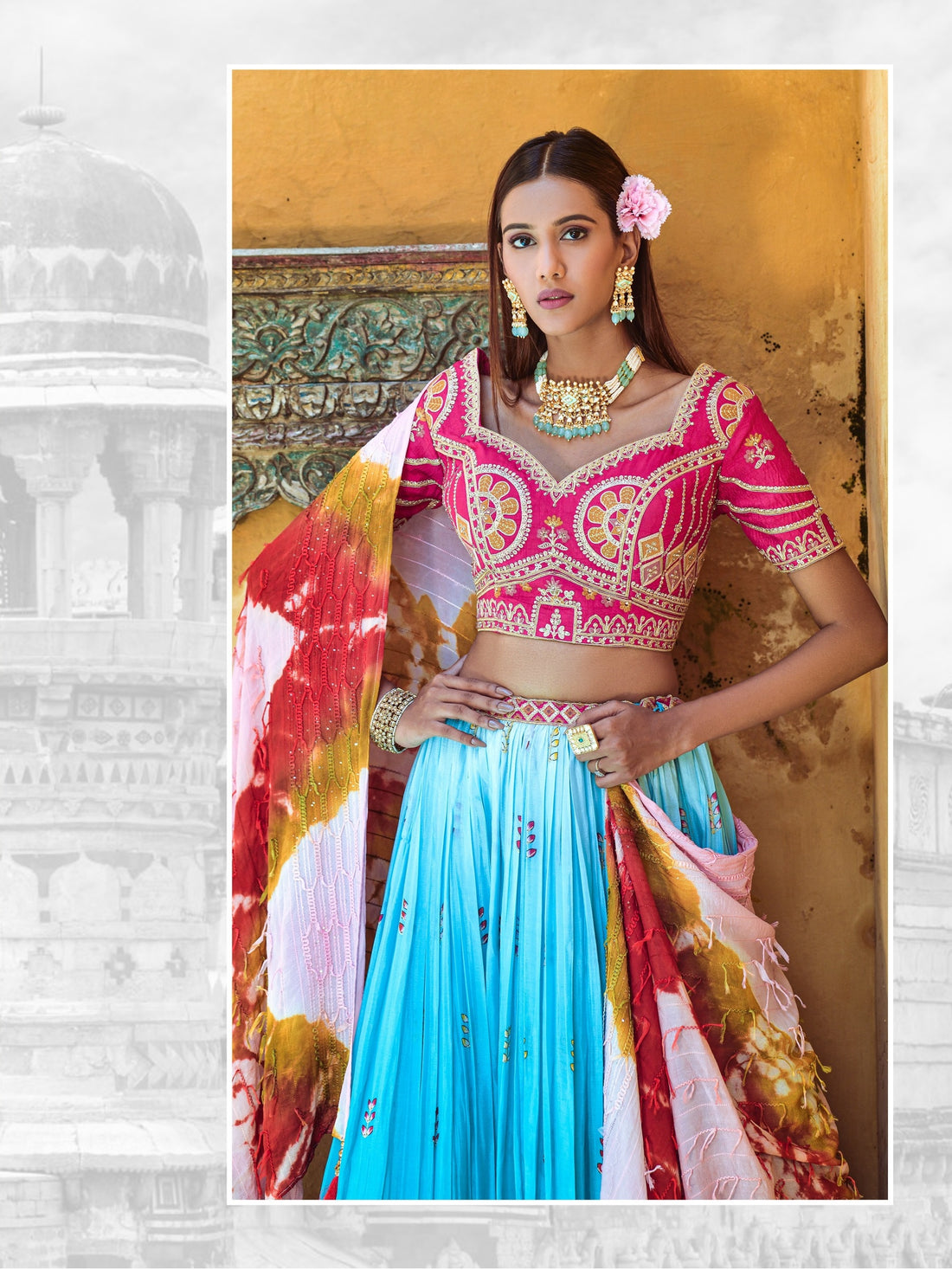 Pink and Blue heavy embroidered Lehenga Set - Rent