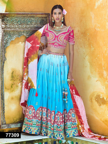 Pink and Blue heavy embroidered Lehenga Set - Rent