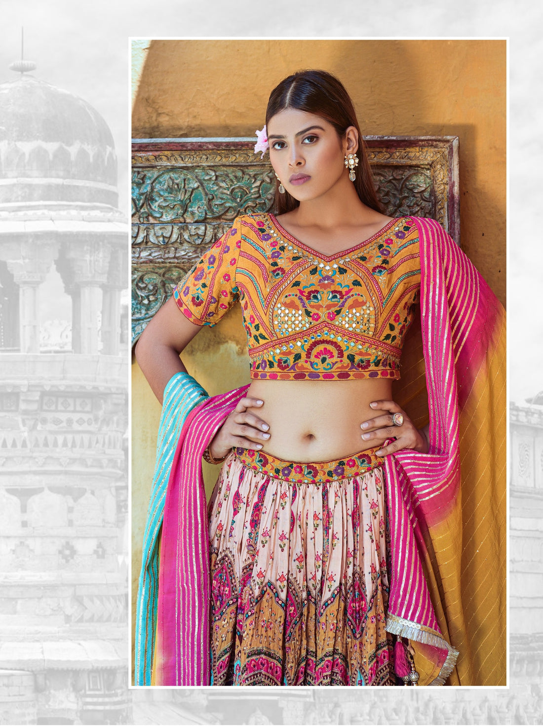 Classy Multicolor heavy embroidered Lehenga Set - Rent