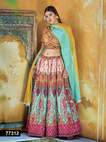 Classy Multicolor heavy embroidered Lehenga Set - Rent