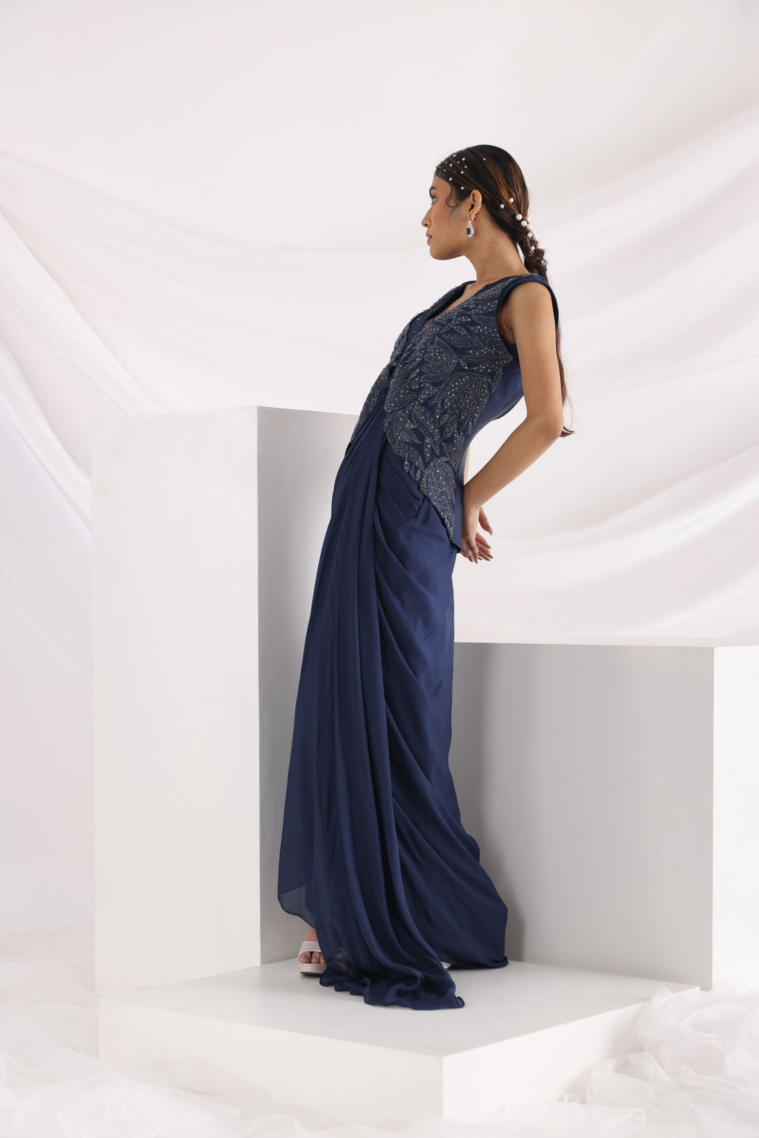 Smriti Apparel's Midnight blue drape gown with jacket - Rent