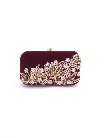 Maroon Dabka Leaf Hand-embroidered Clutch - Rent