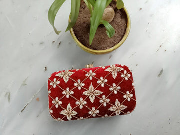 Maroon Floral Hand-embroidered Clutch - Rent