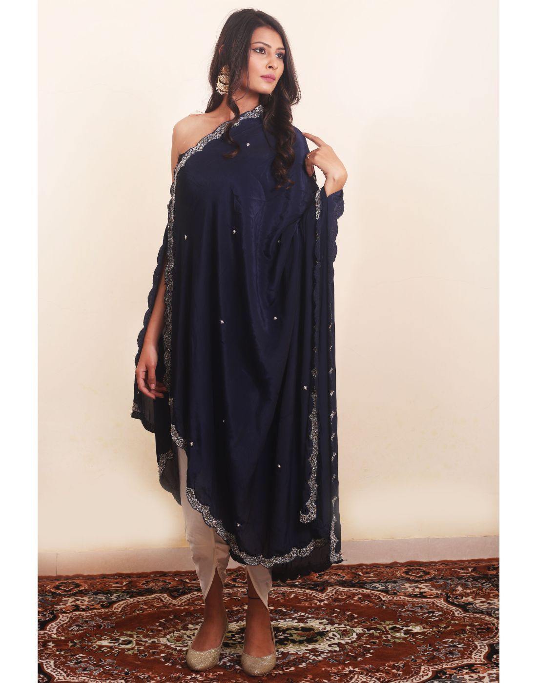 Rent Navy Scallop Drape Kurta With Tulip Pant-Women-Glamourental