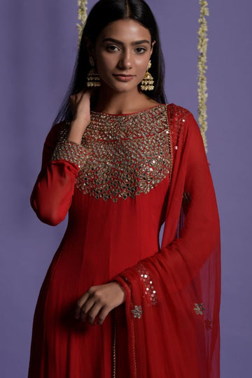 Two Sister's Red Color Zari And Mirror Embroidered Anarkali - Rent