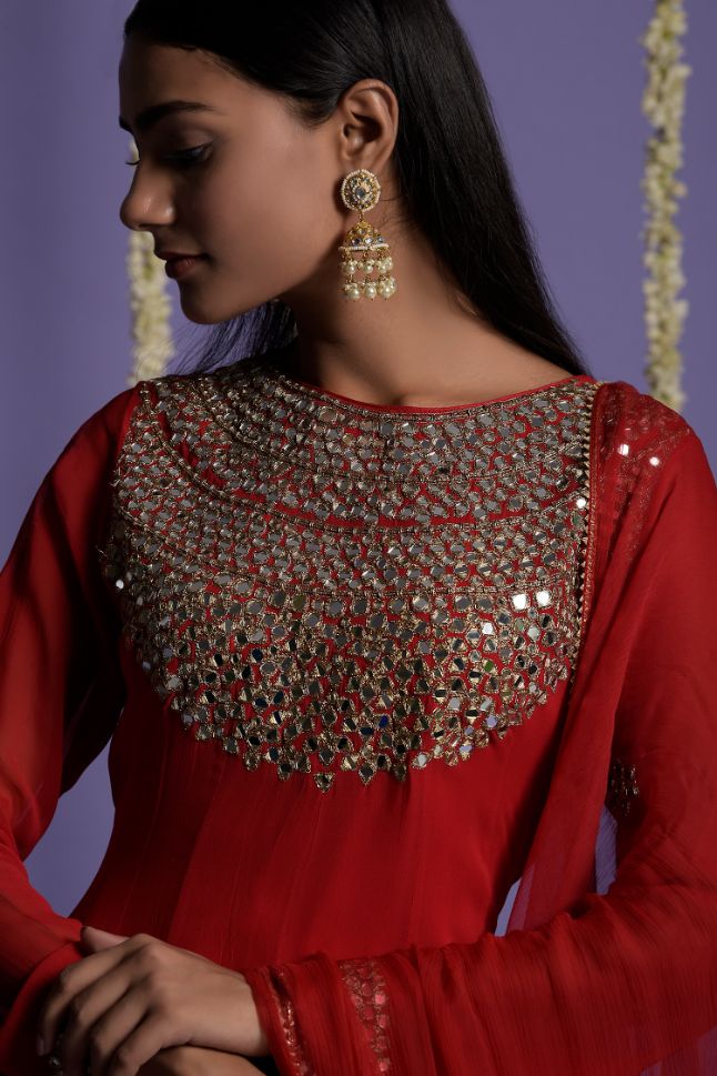 Two Sister's Red Color Zari And Mirror Embroidered Anarkali - Rent