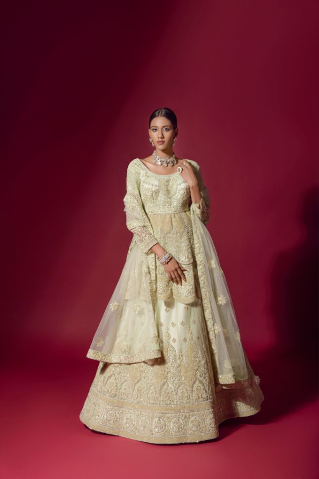 Light Yellow Embroidered Peplum Jacket Lehenga - Rent