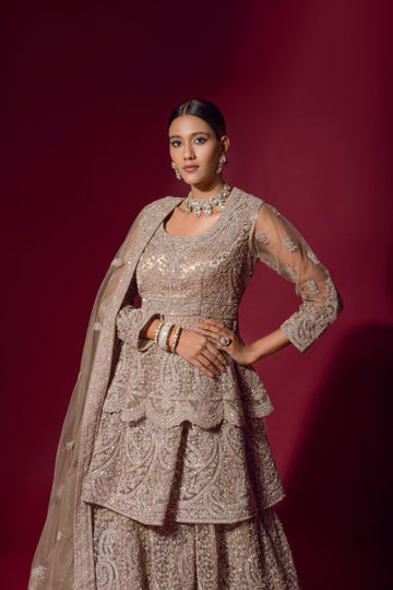 Elegant Beige Peplum Jacket Lehenga Set - Rent