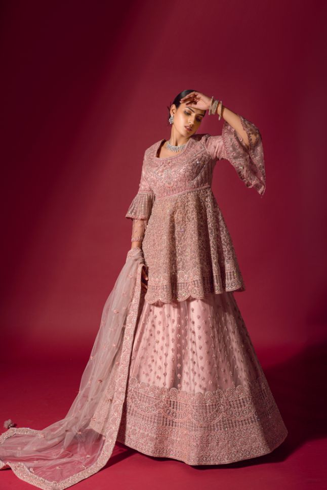 Classy Pink Embroidered Peplum Jacket Lehenga - Rent