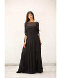 Rent Black Gown With Long Flaired Sleeve Handwork Embroidery On Chest-Women-Glamourental