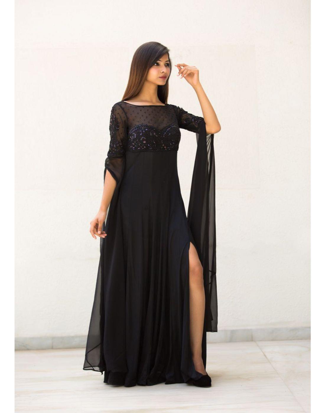 Rent Black Gown With Long Flaired Sleeve Handwork Embroidery On Chest-Women-Glamourental