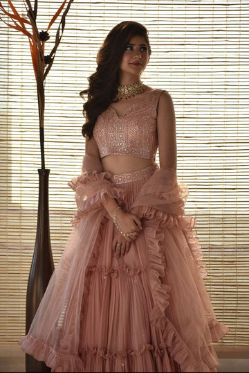 Designer Kanika Kapoor's Rose Pink Color Georgette Lehenga with Ruffle Dupatta - Rent