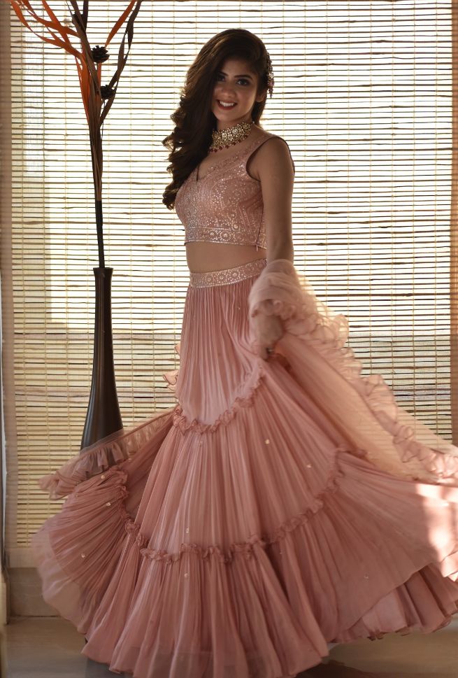 Designer Kanika Kapoor's Rose Pink Color Georgette Lehenga with Ruffle Dupatta - Rent