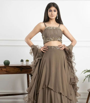 Designer Kanika Kapoor's Stylish Designer Grey Color Ruffle Lehenga - Rent