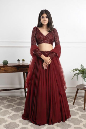 Designer Kanika Kapoor's Fabulous Maroon Color Georgette Lehenga - Rent