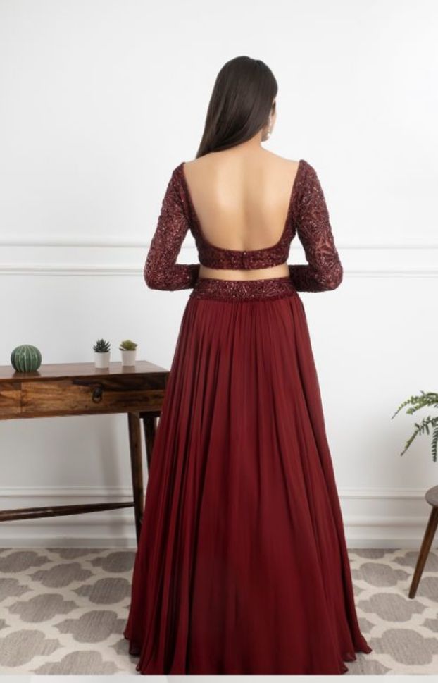 Designer Kanika Kapoor's Fabulous Maroon Color Georgette Lehenga - Rent