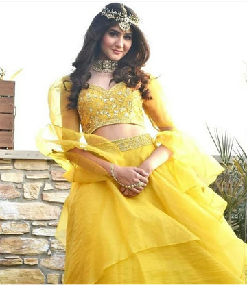 Designer Kanika Kapoor's Beautiful Yellow Color Palette Organza Lehenga - Rent