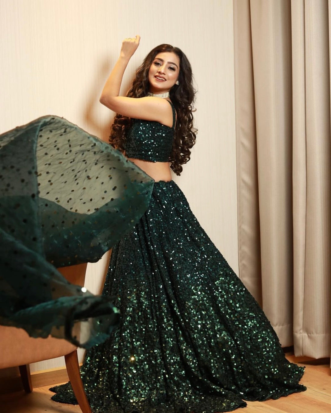 Label Inaayat's Classy Blingy Bottle Green Lehenga Set  - Rent