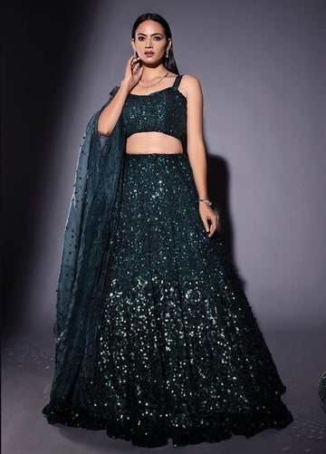 Label Inaayat's Classy Blingy Bottle Green Lehenga Set  - Rent