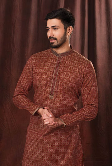 Red Printed Readymade Kurta Pajama - Rent