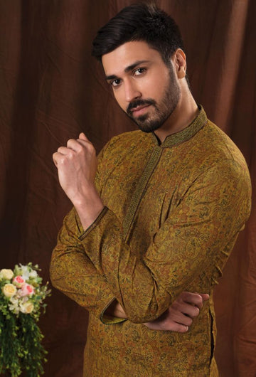 Mehendi Green Color Printed Readymade Kurta Pajama - Rent