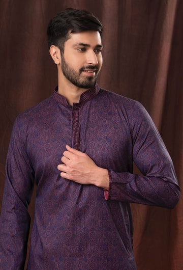 Purple Color Printed Readymade Kurta with White Pajama - Rent