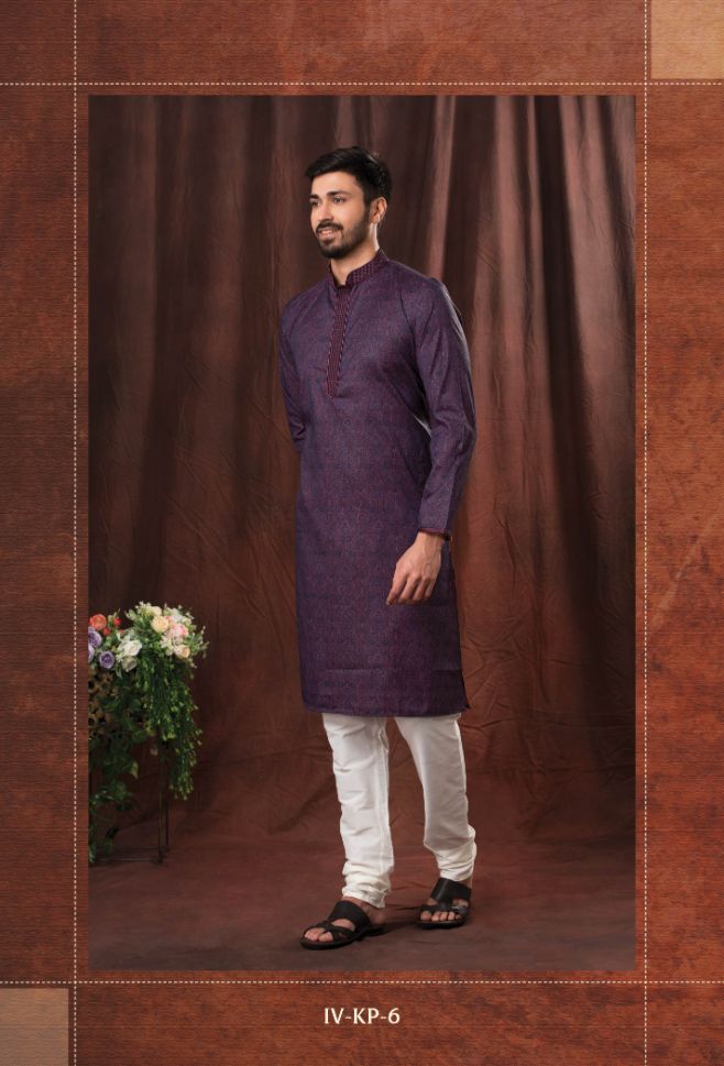 Purple Color Printed Readymade Kurta with White Pajama - Rent