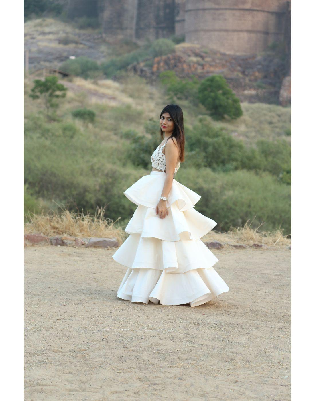 Rent Ivory Coloured Taffeta Layered Skirt With Sheer Short Top-Women-Glamourental