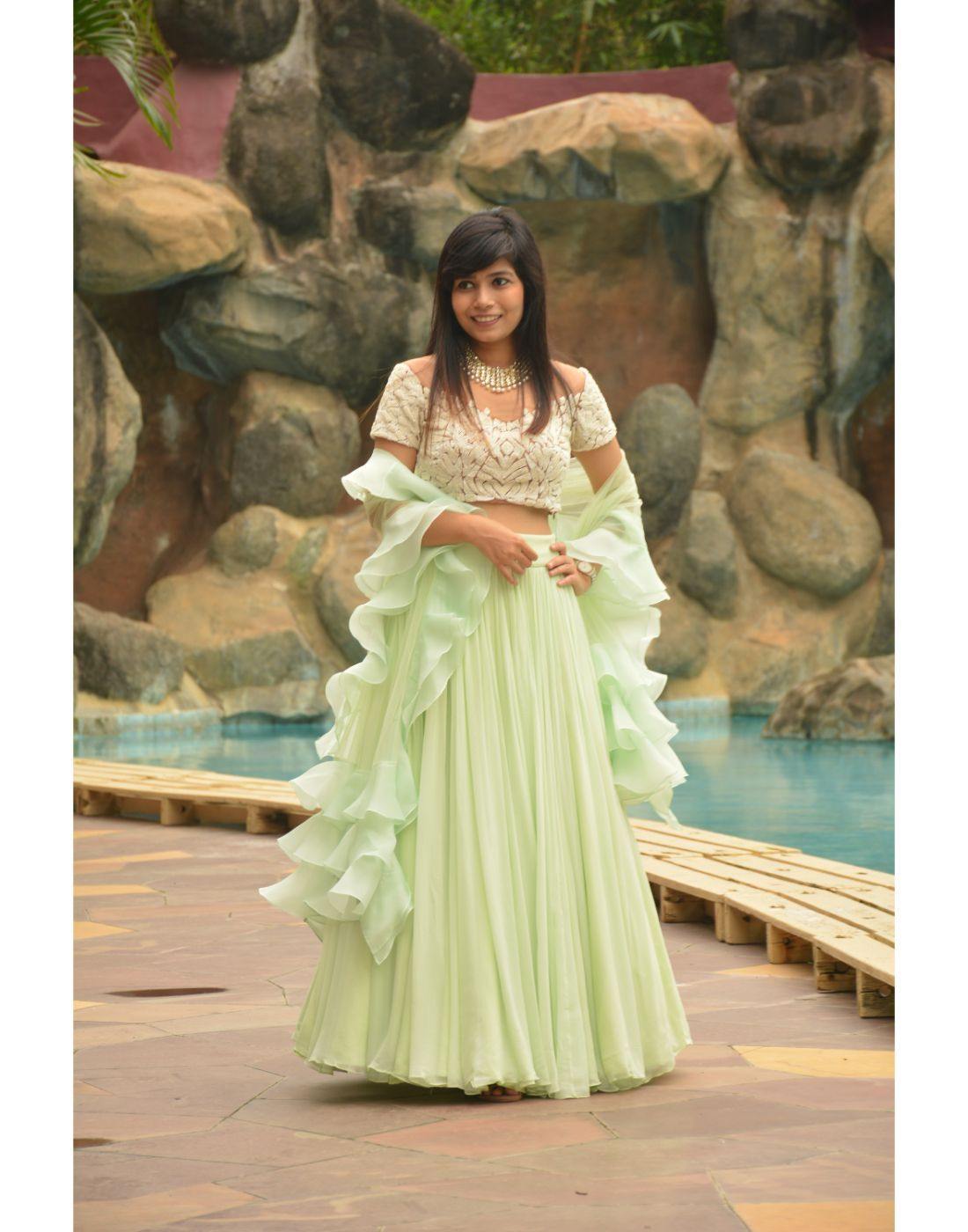 Rent Mint Green Skirt Top With Ruffled Dupatta-Women-Glamourental