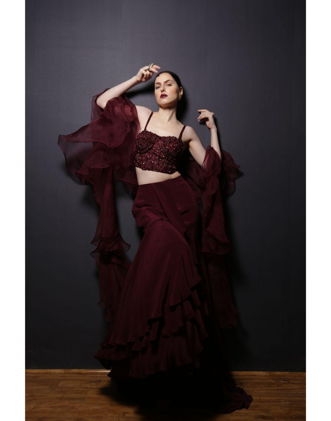 Rent Wine Multi Layered Set With Bead Work Paired With A Ruffle Dupatta-Women-Glamourental