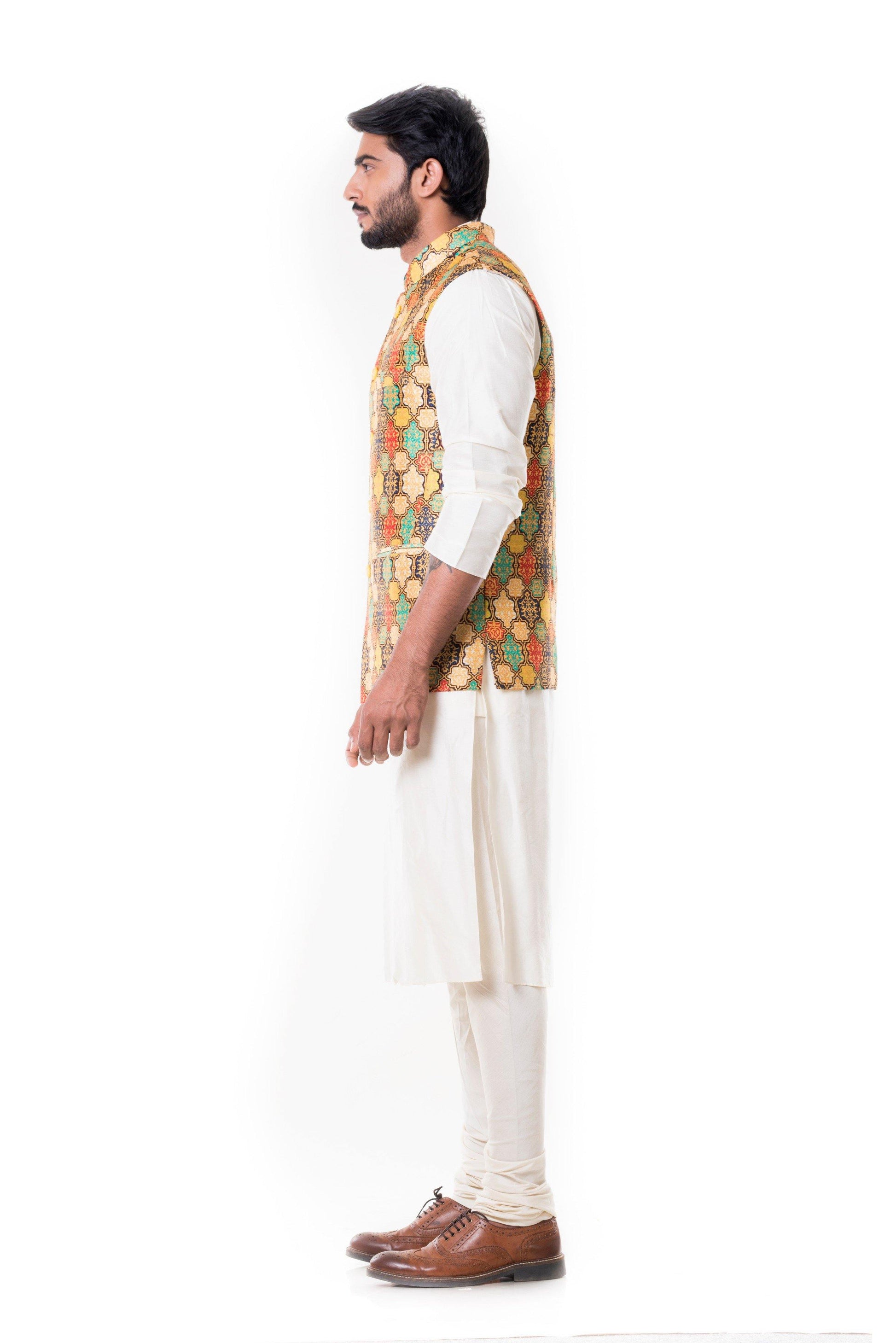 Cream Kurta with Printed Waist Coat Set.-Men-Glamourental