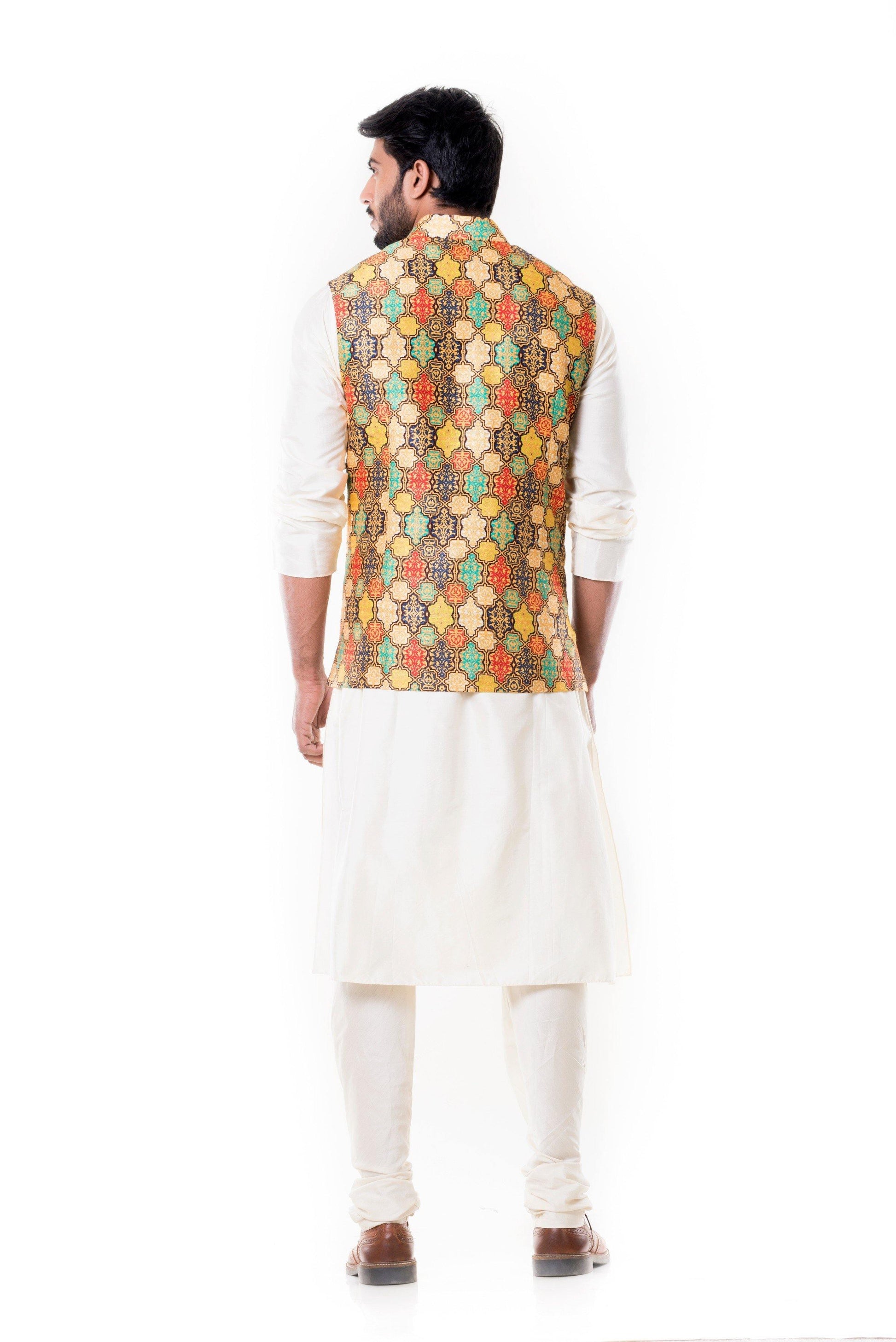 Cream Kurta with Printed Waist Coat Set.-Men-Glamourental