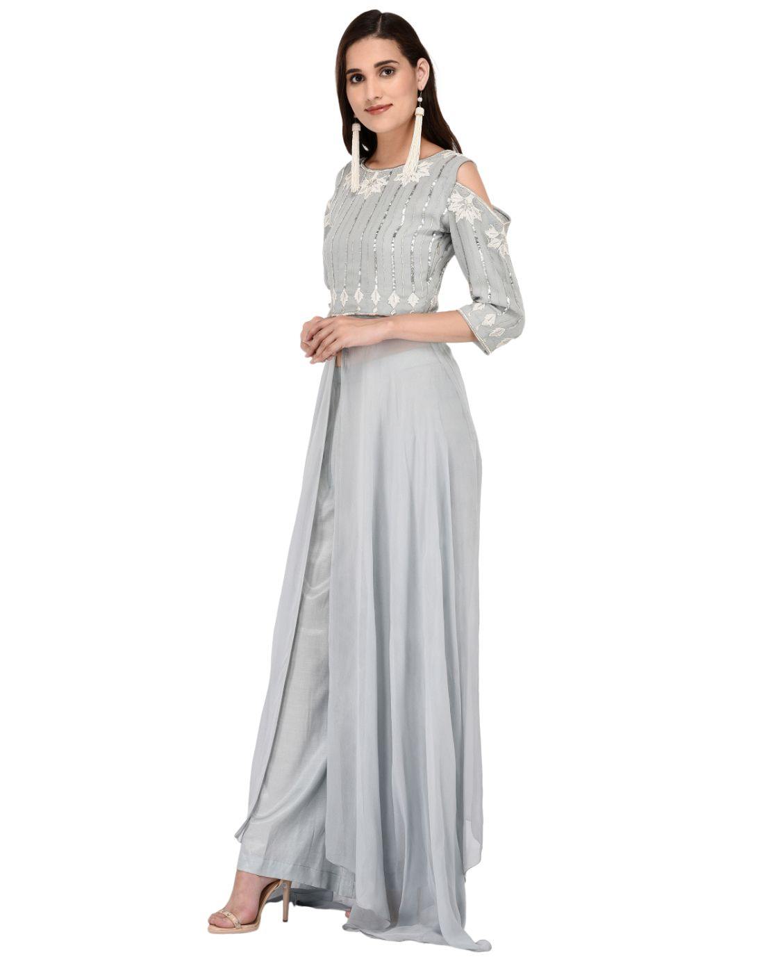 Rent Miracolos Sequins Pearl Embellished Party Wear Embroidered Dress with Palazzo Pant-Women-Glamourental