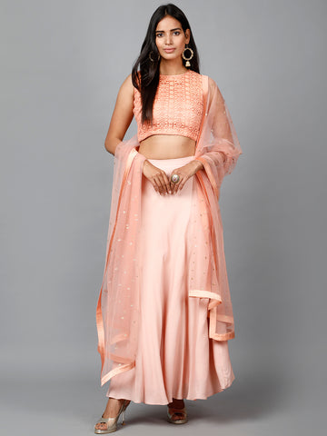 Miracolos By Ruchi's Elegant Peach Colored Crop top & Flare Skirt - Rent