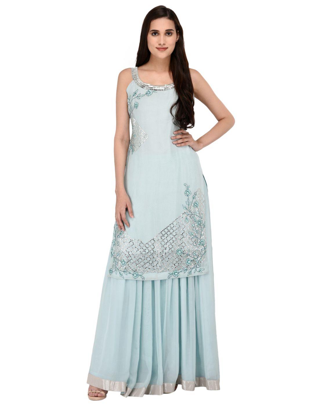 Rent Miracolos Georgette Stylish Kurta with Skirt Embroidered Party Dress Light Blue Colour-Women-Glamourental