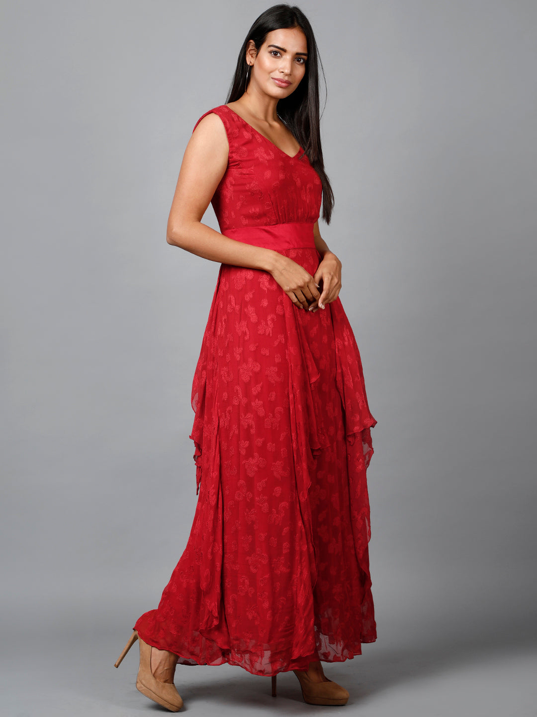 Miracolos By Ruchi's Red Floral Self Design Georgette Dress  - Rent