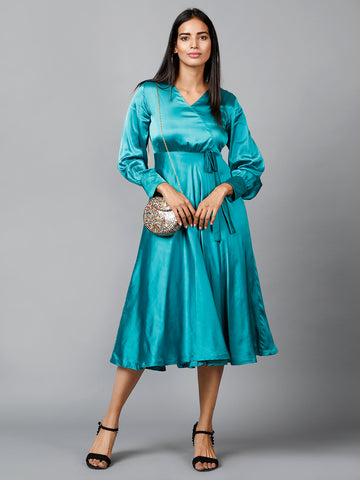 Miracolos By Ruchi's Elegant Cuff Satin Wrap Dress  - Rent