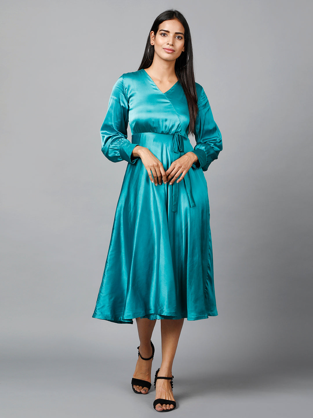 Miracolos By Ruchi's Elegant Cuff Satin Wrap Dress  - Rent