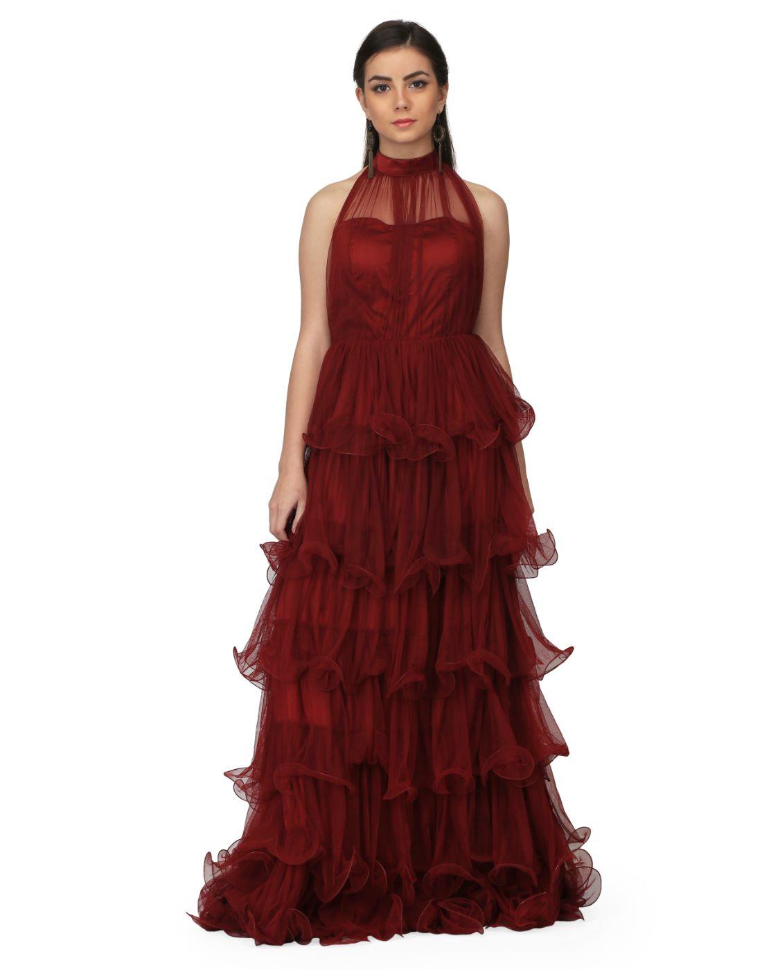 Rent Miracolos by Ruchi Women's Halter Neck Draped Net Party Evening Gown in Maroon-Women-Glamourental