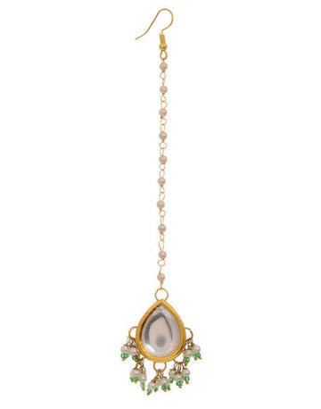 Stone Studd Kundan with greena and white pearl hanging Maang Tikka-Accessories-Glamourental