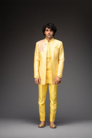 Lemon Yellow Jacket With Kurta And Pants - Rent