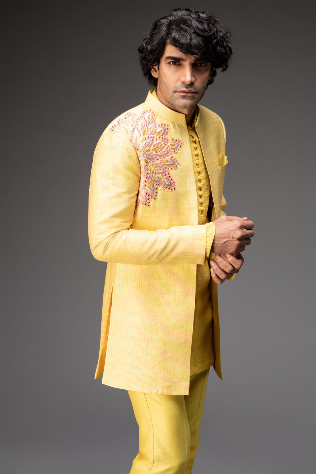 Lemon Yellow Jacket With Kurta And Pants - Rent