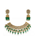 Gold plated Green And White Pearl - Kundan Polki Necklace With Jhumki Earrings-Accessories-Glamourental