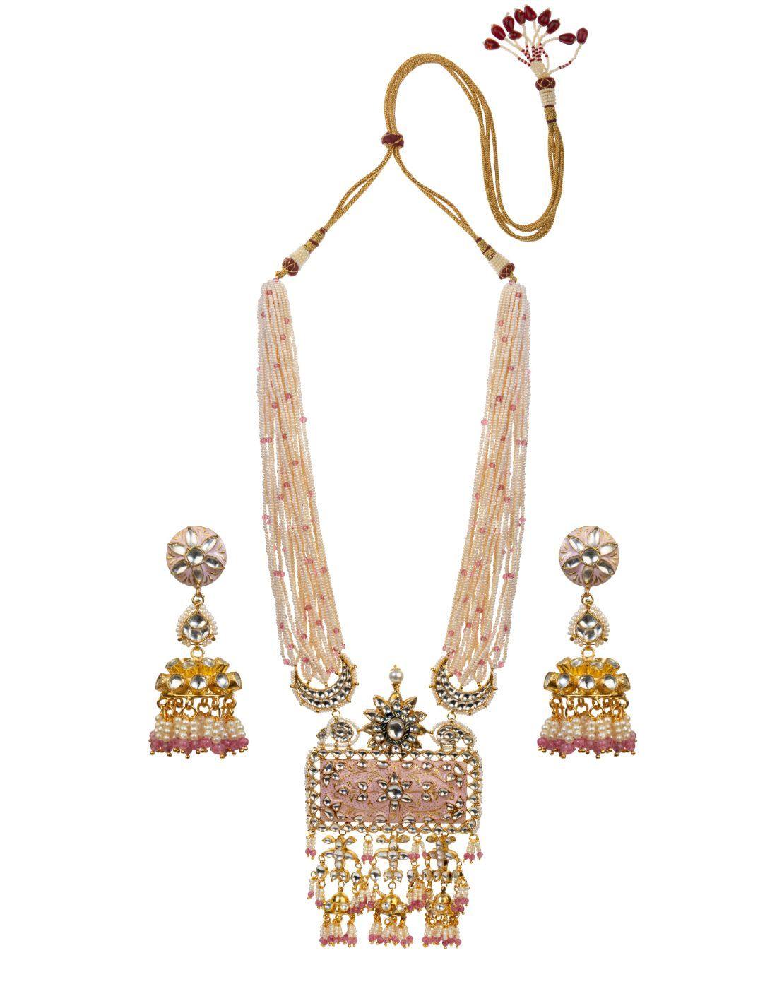 Pink and White Pearl Meenakari Heavy Pendant Necklace Set-Accessories-Glamourental