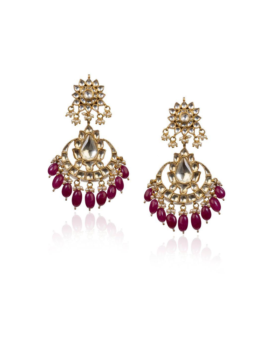 White Jadtar Earrings With Maroon Drops-Accessories-Glamourental