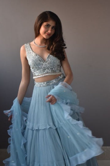 Designer Kanika Kapoor's Sky Blue Color Georgette Ruffle Lehenga - Rent