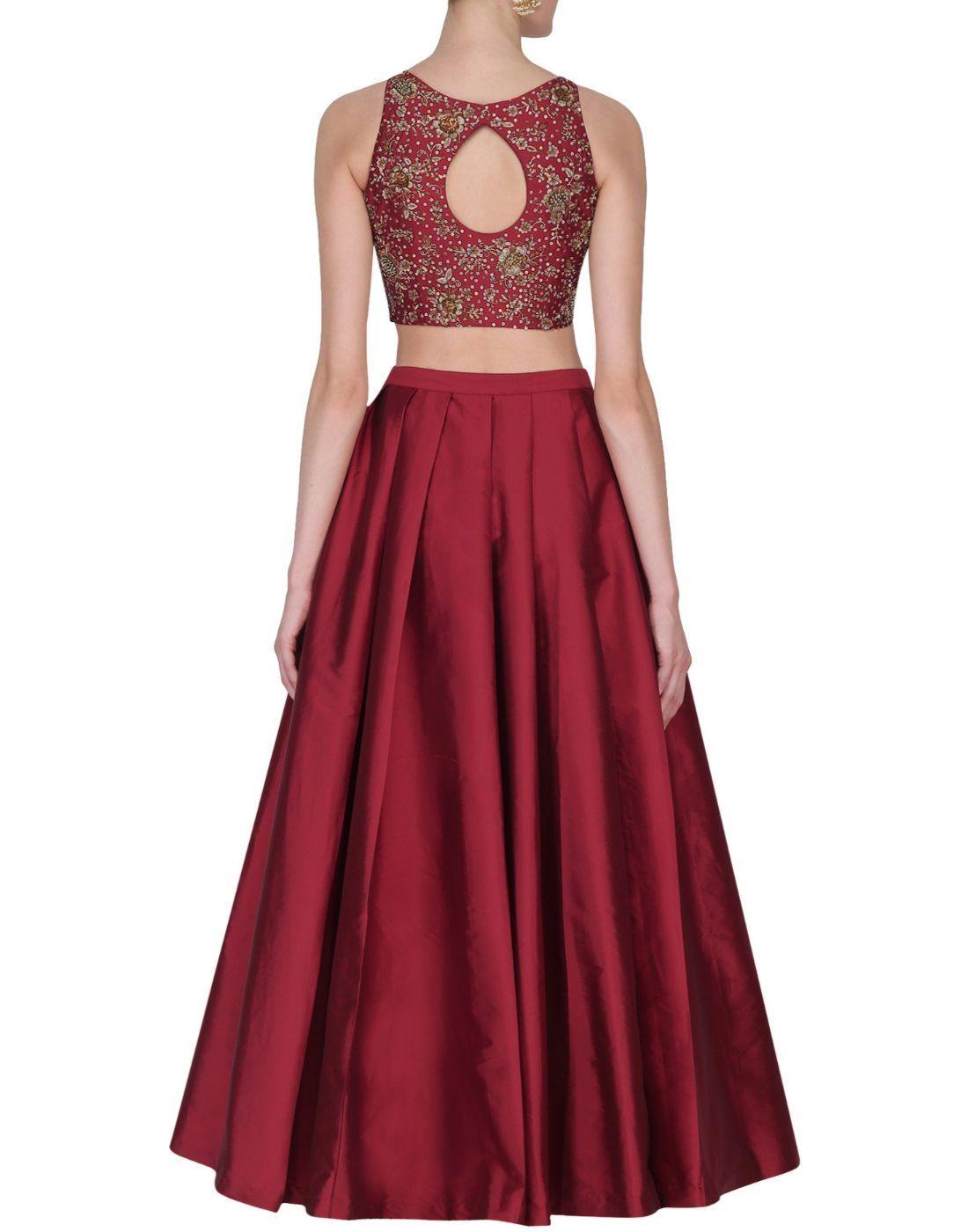 Rent Maroon Silk Embellished Top And Skirt-Women-Glamourental